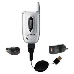Gomadic Retractable USB Hot Sync Compact Kit with Car & Wall Charger for the Samsung SCH-A650 - Bran