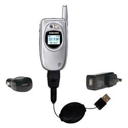 Gomadic Retractable USB Hot Sync Compact Kit with Car & Wall Charger for the Samsung SCH-A670 - Bran