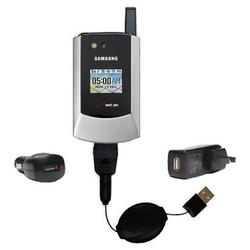 Gomadic Retractable USB Hot Sync Compact Kit with Car & Wall Charger for the Samsung SCH-A795 - Bran