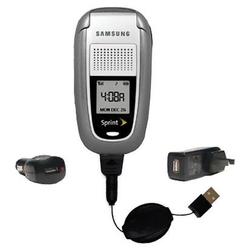 Gomadic Retractable USB Hot Sync Compact Kit with Car & Wall Charger for the Samsung SCH-A820 - Bran