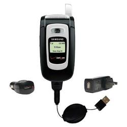 Gomadic Retractable USB Hot Sync Compact Kit with Car & Wall Charger for the Samsung SCH-A850 - Bran