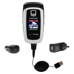 Gomadic Retractable USB Hot Sync Compact Kit with Car & Wall Charger for the Samsung SCH-A870 - Bran