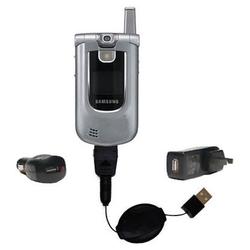 Gomadic Retractable USB Hot Sync Compact Kit with Car & Wall Charger for the Samsung SCH-A890 - Bran
