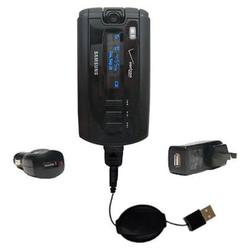 Gomadic Retractable USB Hot Sync Compact Kit with Car & Wall Charger for the Samsung SCH-A930 - Bran