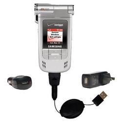 Gomadic Retractable USB Hot Sync Compact Kit with Car & Wall Charger for the Samsung SCH-A970 - Bran
