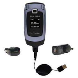 Gomadic Retractable USB Hot Sync Compact Kit with Car & Wall Charger for the Samsung SCH-U340 - Bran