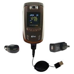 Gomadic Retractable USB Hot Sync Compact Kit with Car & Wall Charger for the Samsung SCH-U520 - Bran
