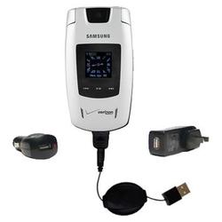 Gomadic Retractable USB Hot Sync Compact Kit with Car & Wall Charger for the Samsung SCH-U540 - Bran
