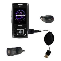 Gomadic Retractable USB Hot Sync Compact Kit with Car & Wall Charger for the Samsung SCH-V940 - Bran