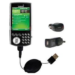 Gomadic Retractable USB Hot Sync Compact Kit with Car & Wall Charger for the Samsung SCH-i760 - Bran