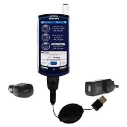 Gomadic Retractable USB Hot Sync Compact Kit with Car & Wall Charger for the Samsung SCH-i830 - Bran