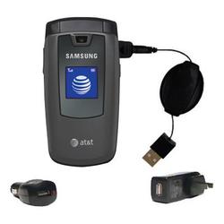 Gomadic Retractable USB Hot Sync Compact Kit with Car & Wall Charger for the Samsung SGH-A437 - Bran