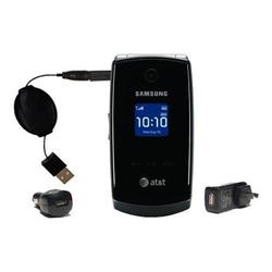 Gomadic Retractable USB Hot Sync Compact Kit with Car & Wall Charger for the Samsung SGH-A517 - Bran