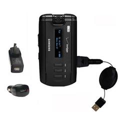 Gomadic Retractable USB Hot Sync Compact Kit with Car & Wall Charger for the Samsung SGH-A930 - Bran