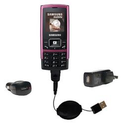 Gomadic Retractable USB Hot Sync Compact Kit with Car & Wall Charger for the Samsung SGH-C130 - Bran
