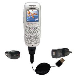 Gomadic Retractable USB Hot Sync Compact Kit with Car & Wall Charger for the Samsung SGH-C207 - Bran