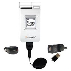 Gomadic Retractable USB Hot Sync Compact Kit with Car & Wall Charger for the Samsung SGH-D307 - Bran