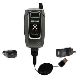 Gomadic Retractable USB Hot Sync Compact Kit with Car & Wall Charger for the Samsung SGH-D407 - Bran