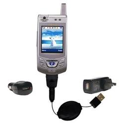 Gomadic Retractable USB Hot Sync Compact Kit with Car & Wall Charger for the Samsung SGH-D410 - Bran