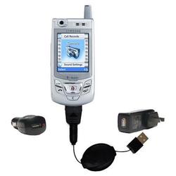 Gomadic Retractable USB Hot Sync Compact Kit with Car & Wall Charger for the Samsung SGH-D415 - Bran