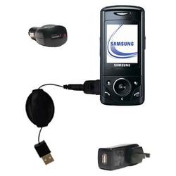 Gomadic Retractable USB Hot Sync Compact Kit with Car & Wall Charger for the Samsung SGH-D520 - Bran