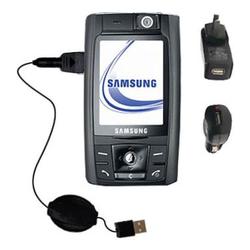 Gomadic Retractable USB Hot Sync Compact Kit with Car & Wall Charger for the Samsung SGH-D800 - Bran