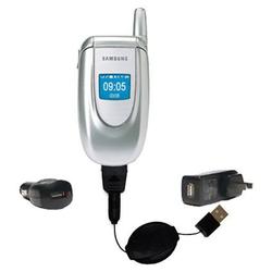 Gomadic Retractable USB Hot Sync Compact Kit with Car & Wall Charger for the Samsung SGH-E105 - Bran