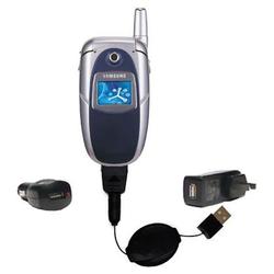 Gomadic Retractable USB Hot Sync Compact Kit with Car & Wall Charger for the Samsung SGH-E310 - Bran
