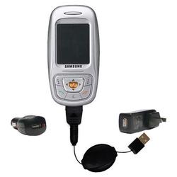Gomadic Retractable USB Hot Sync Compact Kit with Car & Wall Charger for the Samsung SGH-E350 - Bran