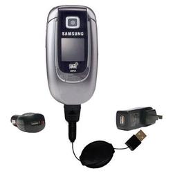 Gomadic Retractable USB Hot Sync Compact Kit with Car & Wall Charger for the Samsung SGH-E360 - Bran
