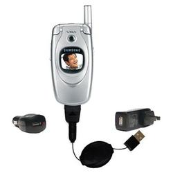 Gomadic Retractable USB Hot Sync Compact Kit with Car & Wall Charger for the Samsung SGH-E600 - Bran