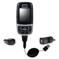 Gomadic Retractable USB Hot Sync Compact Kit with Car & Wall Charger for the Samsung SGH-E630 - Bran