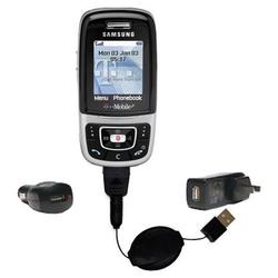 Gomadic Retractable USB Hot Sync Compact Kit with Car & Wall Charger for the Samsung SGH-E635 - Bran