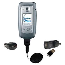Gomadic Retractable USB Hot Sync Compact Kit with Car & Wall Charger for the Samsung SGH-E770 - Bran