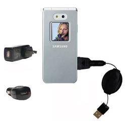 Gomadic Retractable USB Hot Sync Compact Kit with Car & Wall Charger for the Samsung SGH-E870 - Bran