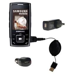 Gomadic Retractable USB Hot Sync Compact Kit with Car & Wall Charger for the Samsung SGH-E900 - Bran