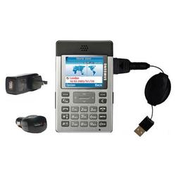 Gomadic Retractable USB Hot Sync Compact Kit with Car & Wall Charger for the Samsung SGH-P300 - Bran