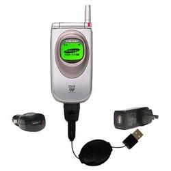 Gomadic Retractable USB Hot Sync Compact Kit with Car & Wall Charger for the Samsung SGH-S100 - Bran
