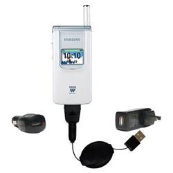 Gomadic Retractable USB Hot Sync Compact Kit with Car & Wall Charger for the Samsung SGH-S200 - Bran