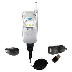 Gomadic Retractable USB Hot Sync Compact Kit with Car & Wall Charger for the Samsung SGH-S400 - Bran