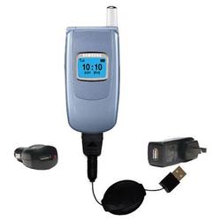 Gomadic Retractable USB Hot Sync Compact Kit with Car & Wall Charger for the Samsung SGH-S500 - Bran