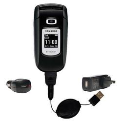 Gomadic Retractable USB Hot Sync Compact Kit with Car & Wall Charger for the Samsung SGH-T309 - Bran