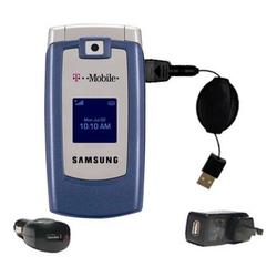 Gomadic Retractable USB Hot Sync Compact Kit with Car & Wall Charger for the Samsung SGH-T409 - Bran
