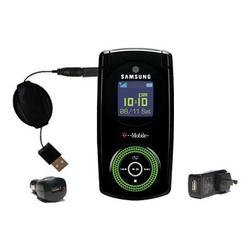 Gomadic Retractable USB Hot Sync Compact Kit with Car & Wall Charger for the Samsung SGH-T539 - Bran