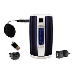 Gomadic Retractable USB Hot Sync Compact Kit with Car & Wall Charger for the Samsung SGH-T639 - Bran