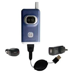 Gomadic Retractable USB Hot Sync Compact Kit with Car & Wall Charger for the Samsung SGH-X400 - Bran