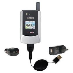 Gomadic Retractable USB Hot Sync Compact Kit with Car & Wall Charger for the Samsung SGH-X426 - Bran