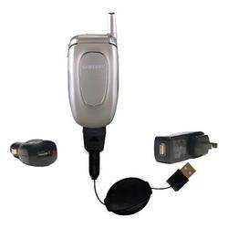 Gomadic Retractable USB Hot Sync Compact Kit with Car & Wall Charger for the Samsung SGH-X427 - Bran
