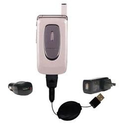 Gomadic Retractable USB Hot Sync Compact Kit with Car & Wall Charger for the Samsung SGH-X430 - Bran