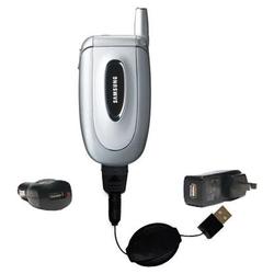 Gomadic Retractable USB Hot Sync Compact Kit with Car & Wall Charger for the Samsung SGH-X450 - Bran